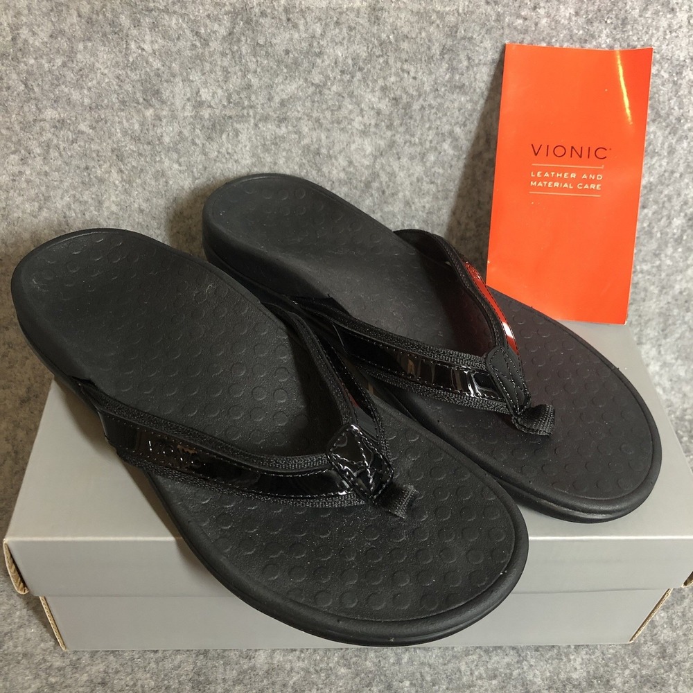 Vionic Black High Tide II Patent Leather Platform Toe Post Sandal Size 9